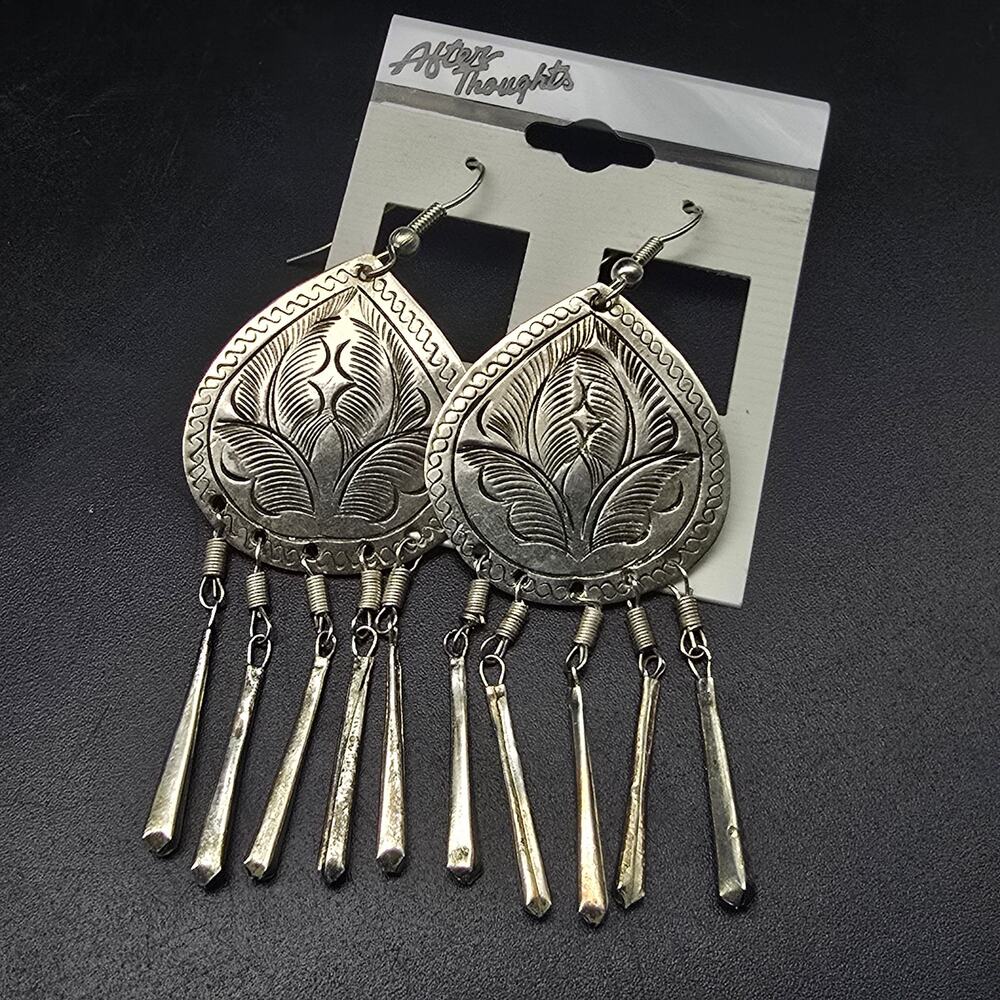 Boho Etched Silver Tone Earrings Tear Drop Southwest Vintage 1990s NWT On Card